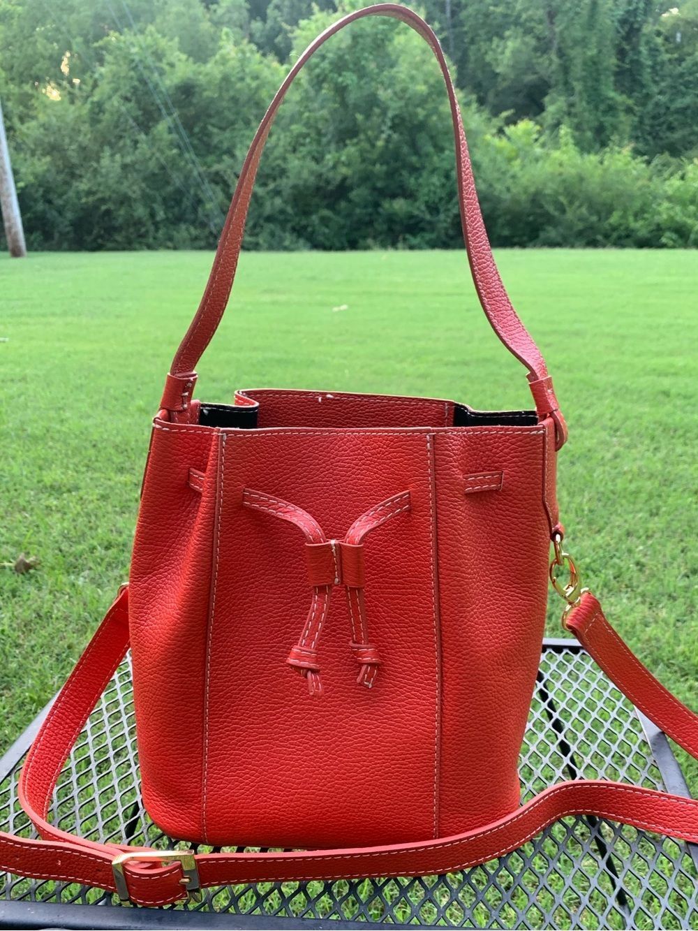 Divina Firenze Leather Red Drawstring Bucket Bag - Women's Crossbody